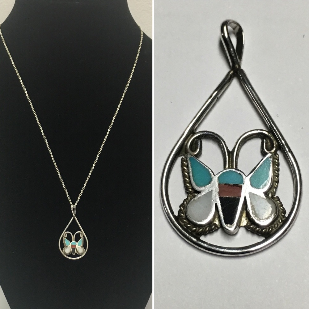 Vintage Turquoise & Coral Butterfly Pendant